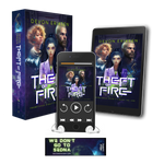 Book cover of 'Theft of Fire' by Devon Eriksen on a tablet, phone, and audio.
