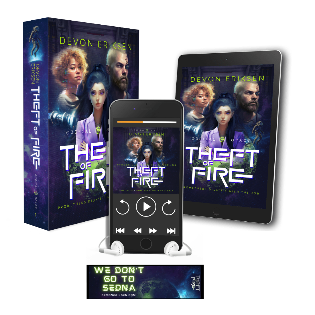 Book cover of 'Theft of Fire' by Devon Eriksen on a tablet, phone, and audio.